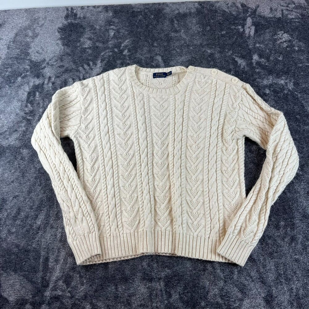 Polo Ralph Lauren Chunky Cable Knit Fisherman Sweater Cream Buttons Women's XL